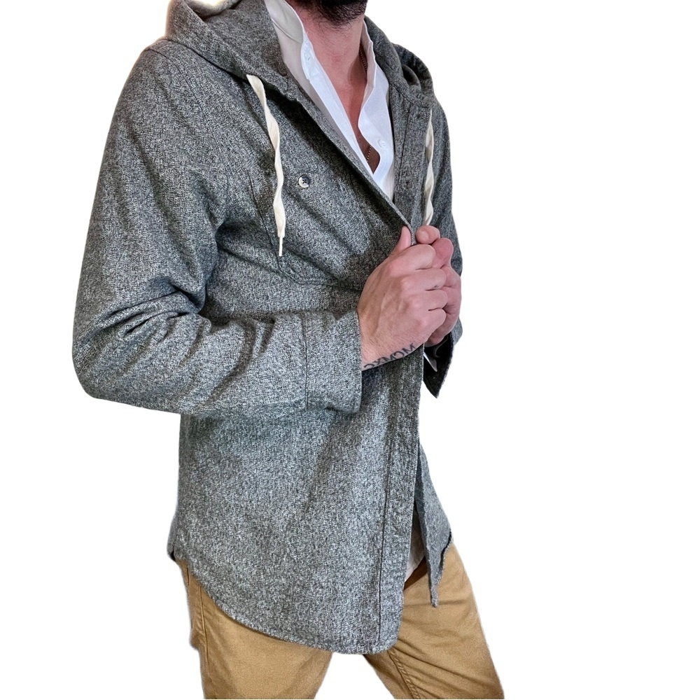 Modern Amusement Mens Speckled Gray Hooded Button-Down Shirt Size L